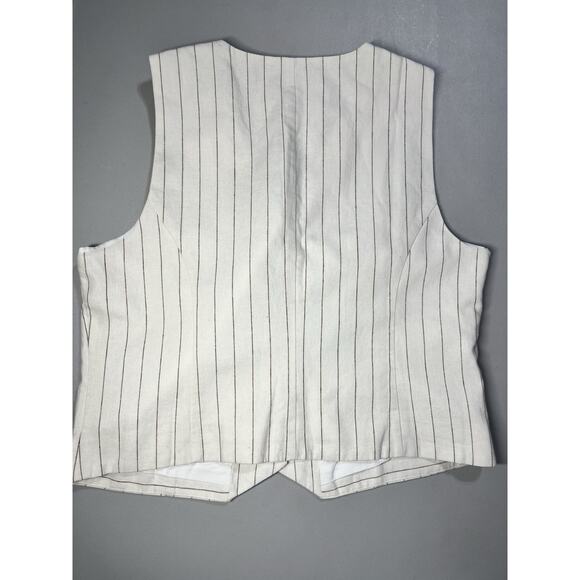 J Crew Striped Linen Lined Vest Womens 14 Ivory Camel Tailored Button Up V Neck - Picture 2 of 8